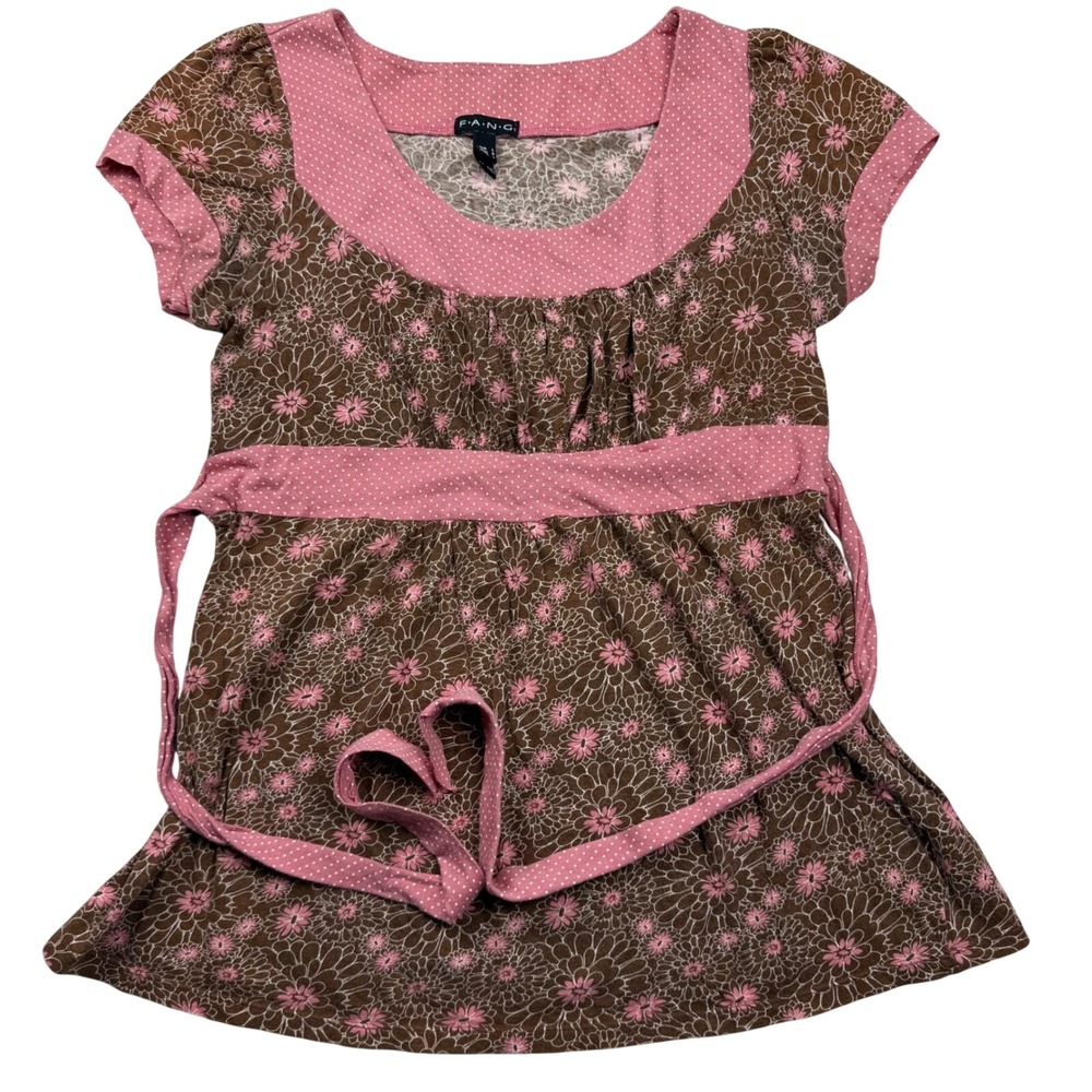 VTG Y2K Fang Babydoll Floral Polka Dot Top Brown Pink Size Large Short Sleeve